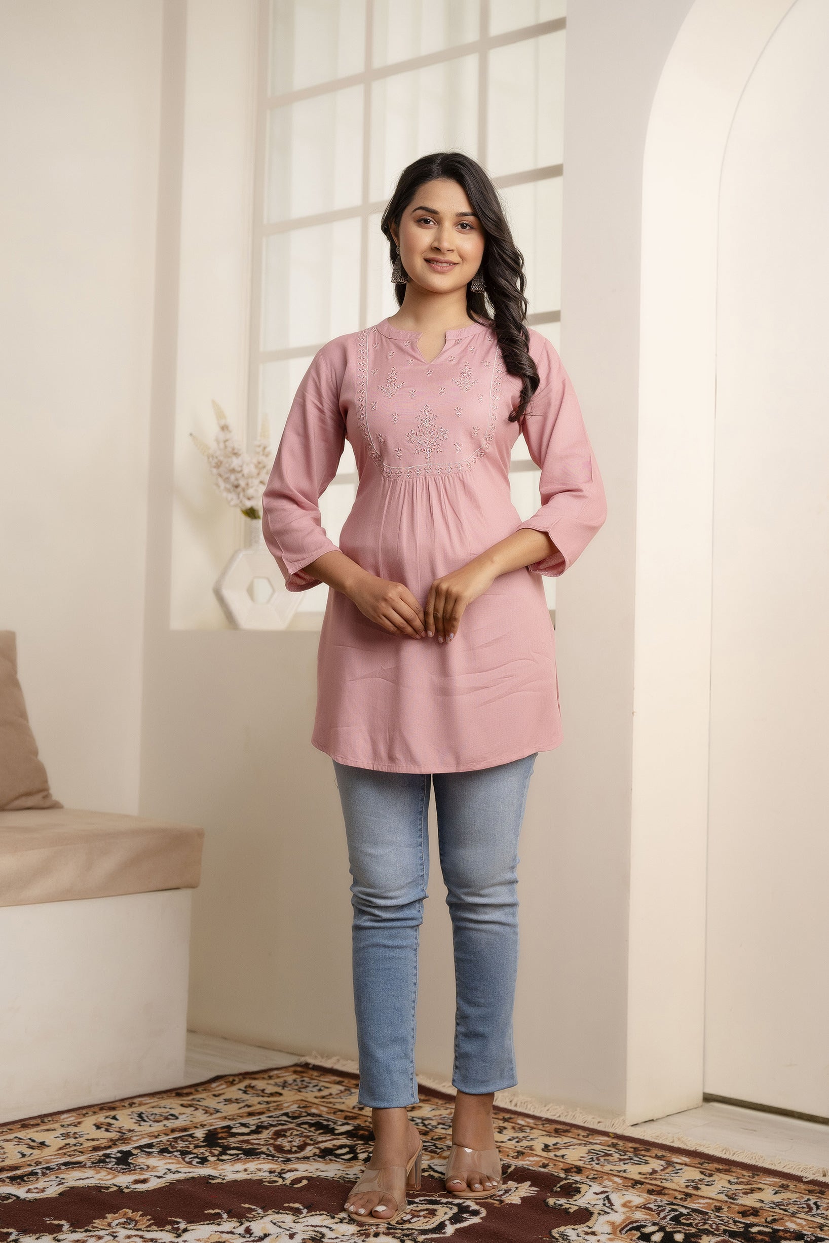 Women Mauve Embroidered Straight Tunic With Three Quarter Sleeves | LASVINI - Redefining Indian Fashion with Elegance