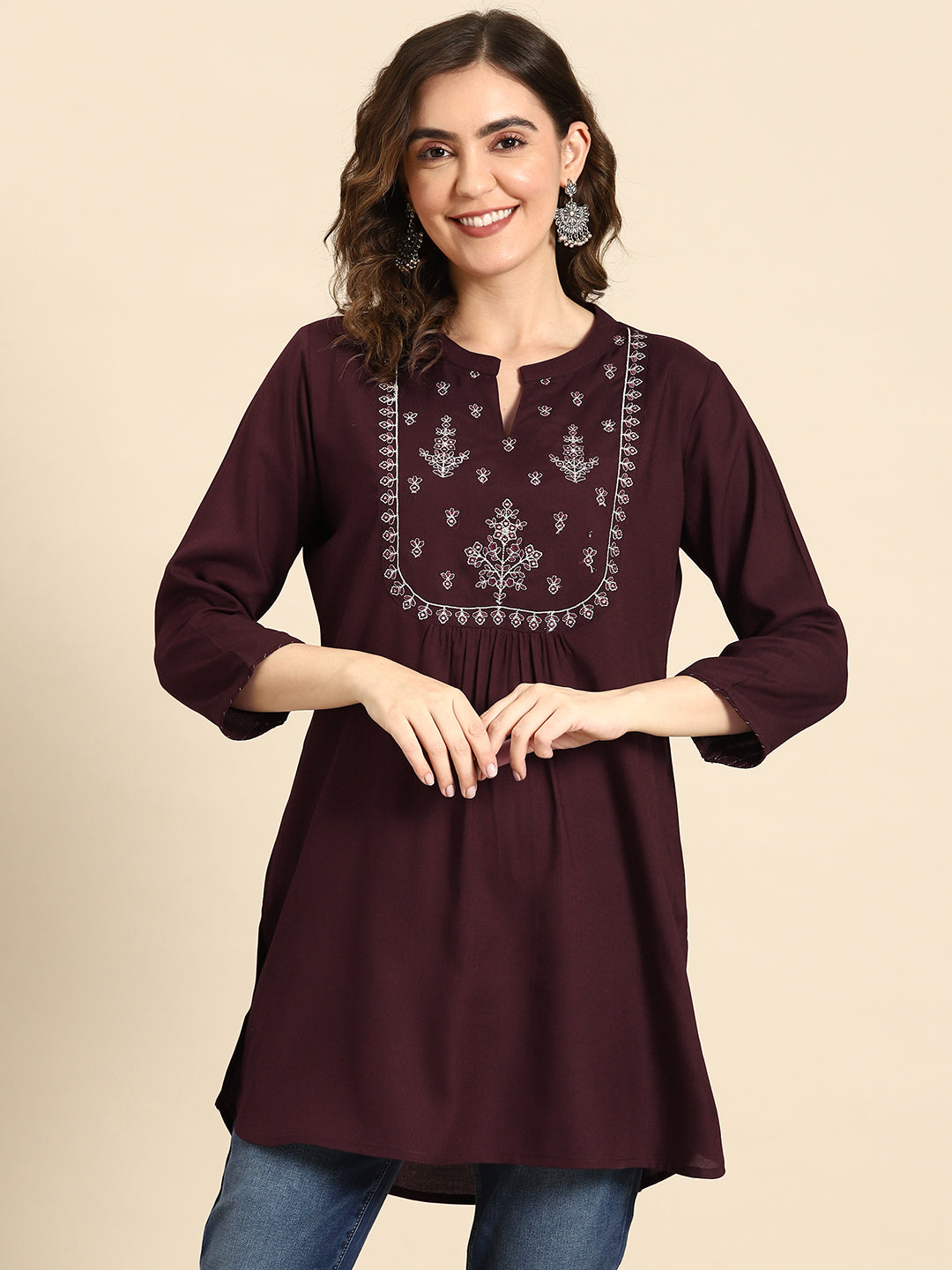 Women Burgundy Embroidered Yoke Straight Tunic With Three Quarter Sleeves | LASVINI - Redefining Indian Fashion with Elegance