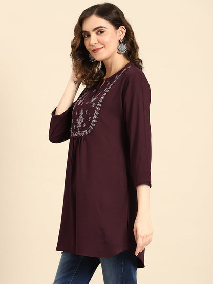 Women Burgundy Embroidered Yoke Straight Tunic With Three Quarter Sleeves | LASVINI - Redefining Indian Fashion with Elegance