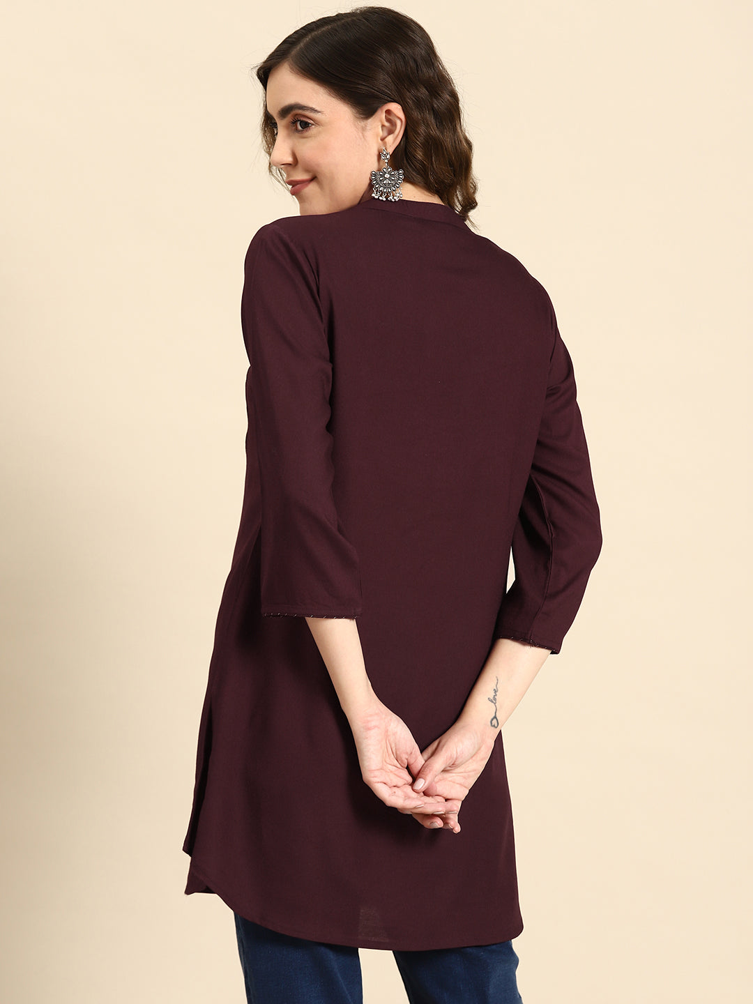 Women Burgundy Embroidered Yoke Straight Tunic With Three Quarter Sleeves | LASVINI - Redefining Indian Fashion with Elegance