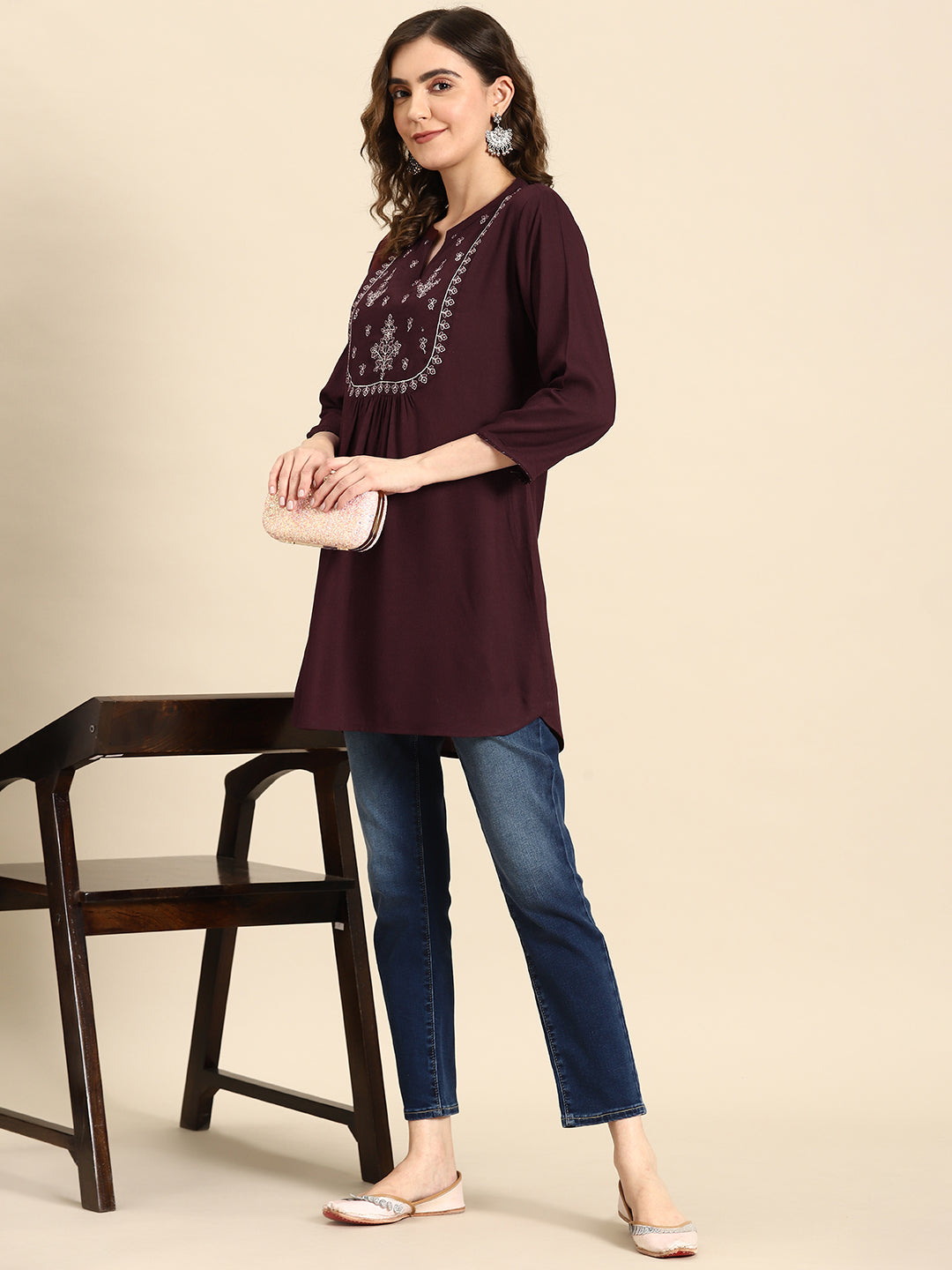 Women Burgundy Embroidered Yoke Straight Tunic With Three Quarter Sleeves | LASVINI - Redefining Indian Fashion with Elegance