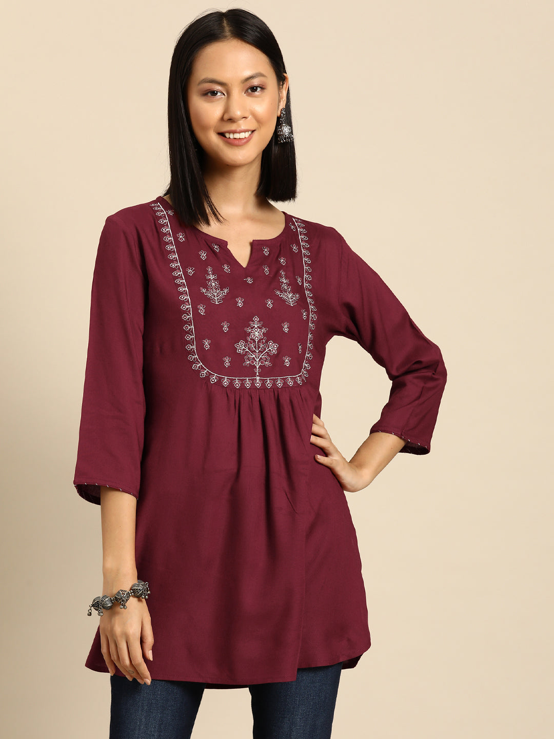 Women Maroon Embroidered Yoke Straight Tunic With Three Quarter Sleeves | LASVINI - Redefining Indian Fashion with Elegance