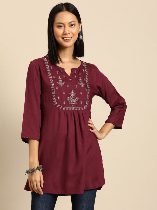 Women Maroon Embroidered Yoke Straight Tunic With Three Quarter Sleeves | LASVINI - Redefining Indian Fashion with Elegance