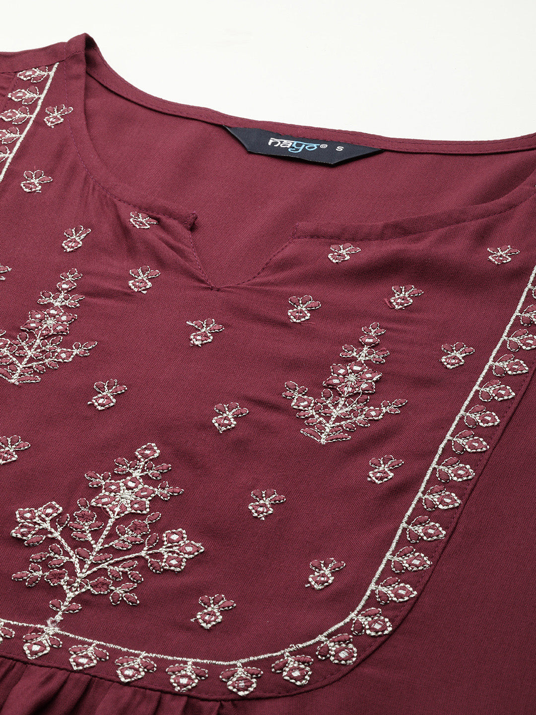 Women Maroon Embroidered Yoke Straight Tunic With Three Quarter Sleeves | LASVINI - Redefining Indian Fashion with Elegance