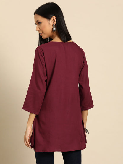 Women Maroon Embroidered Yoke Straight Tunic With Three Quarter Sleeves | LASVINI - Redefining Indian Fashion with Elegance