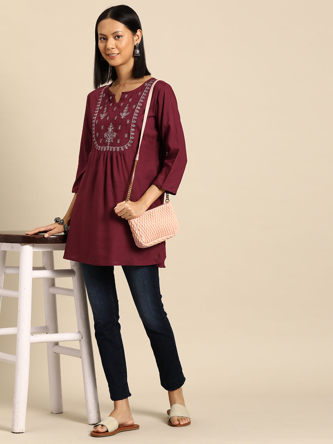Women Maroon Embroidered Yoke Straight Tunic With Three Quarter Sleeves | LASVINI - Redefining Indian Fashion with Elegance