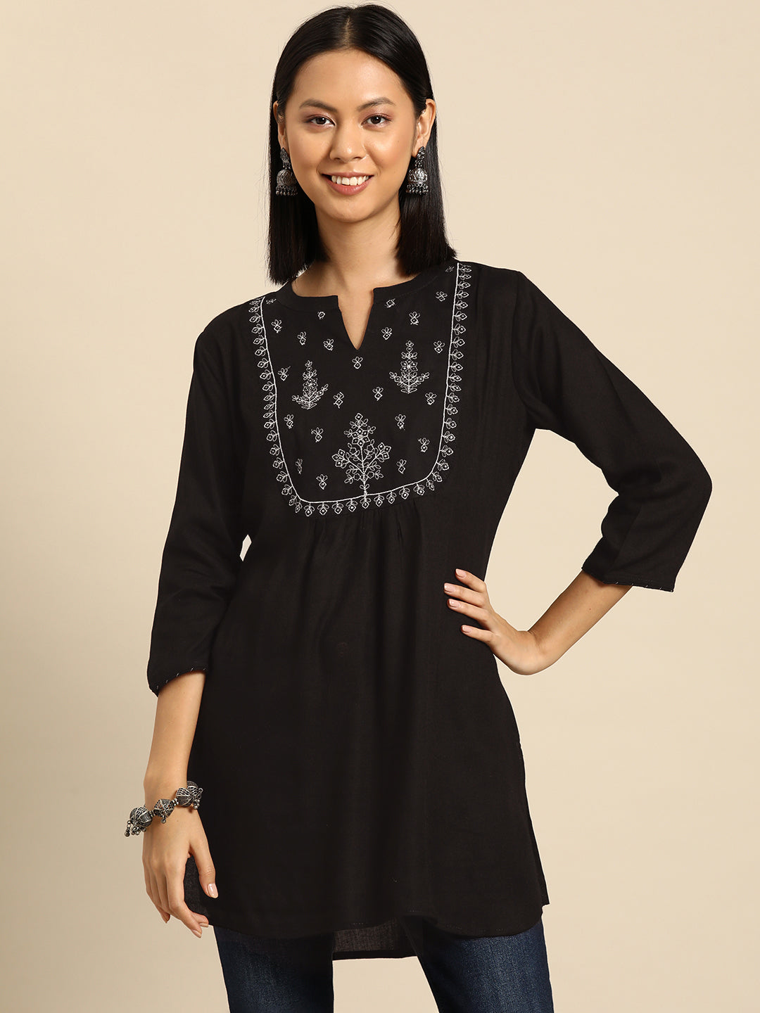 Women Black Embroidered Yoke Straight Tunic With Three Quarter Sleeves | LASVINI - Redefining Indian Fashion with Elegance
