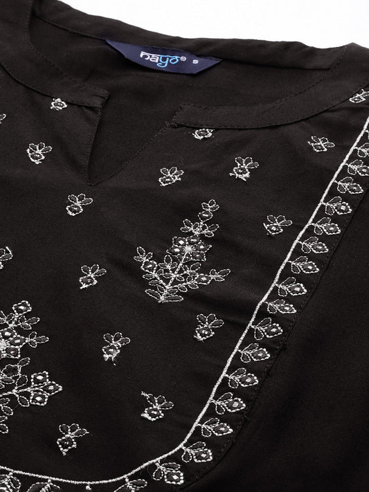 Women Black Embroidered Yoke Straight Tunic With Three Quarter Sleeves | LASVINI - Redefining Indian Fashion with Elegance