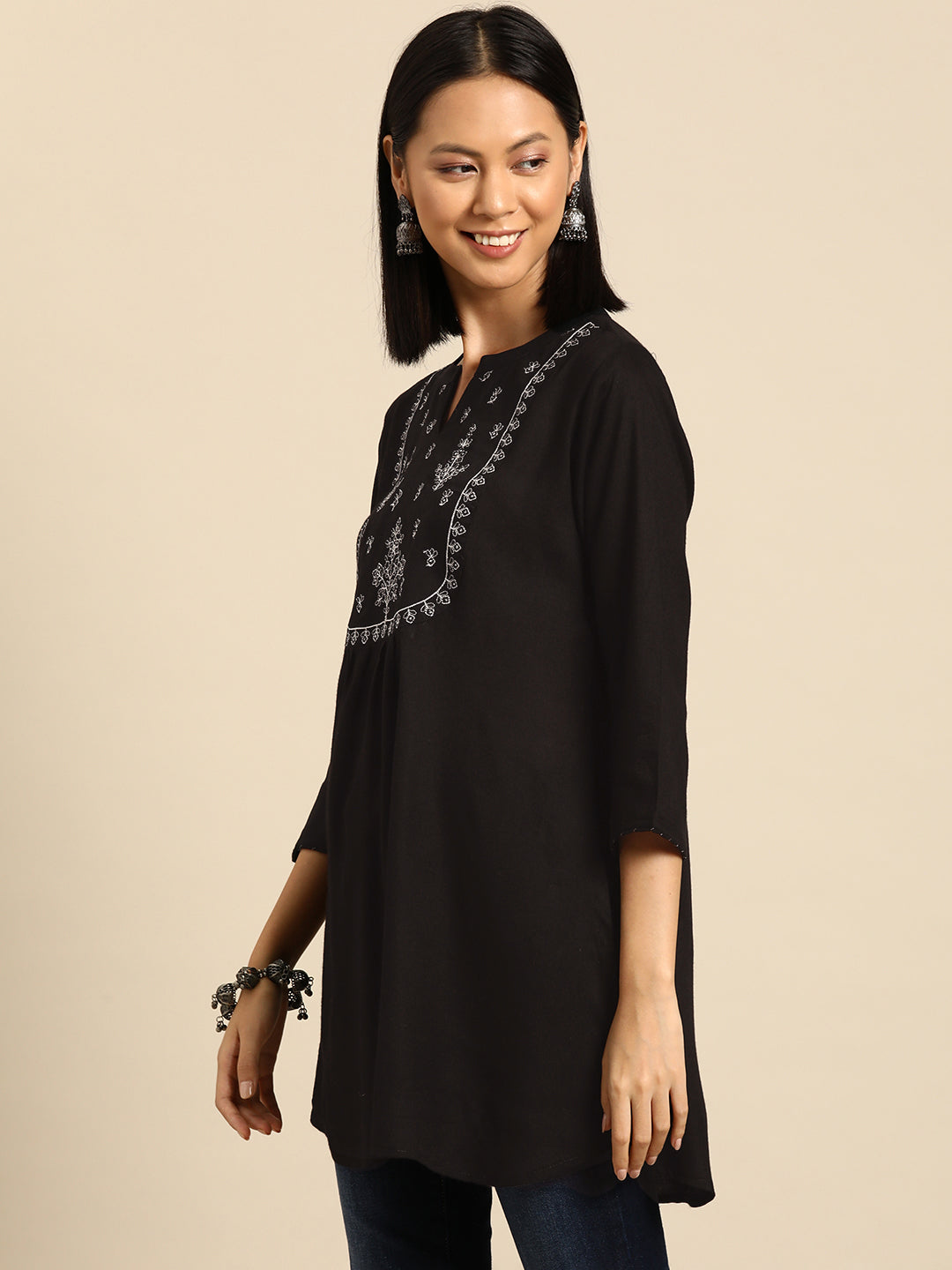 Women Black Embroidered Yoke Straight Tunic With Three Quarter Sleeves | LASVINI - Redefining Indian Fashion with Elegance
