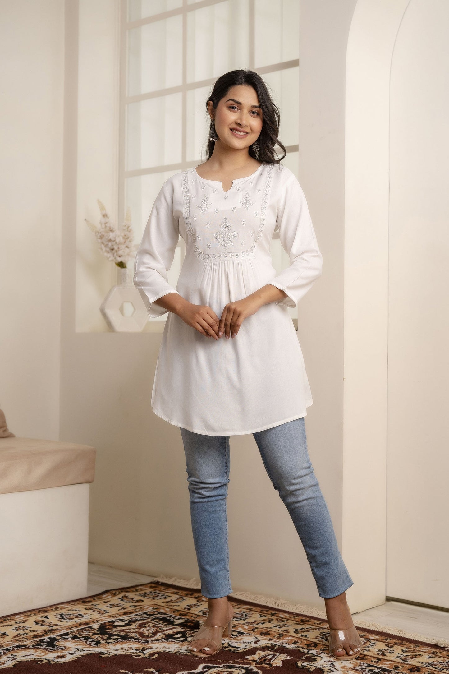 Women White Embroidered Yoke Straight Tunic With Three Quarter Sleeves | LASVINI - Redefining Indian Fashion with Elegance