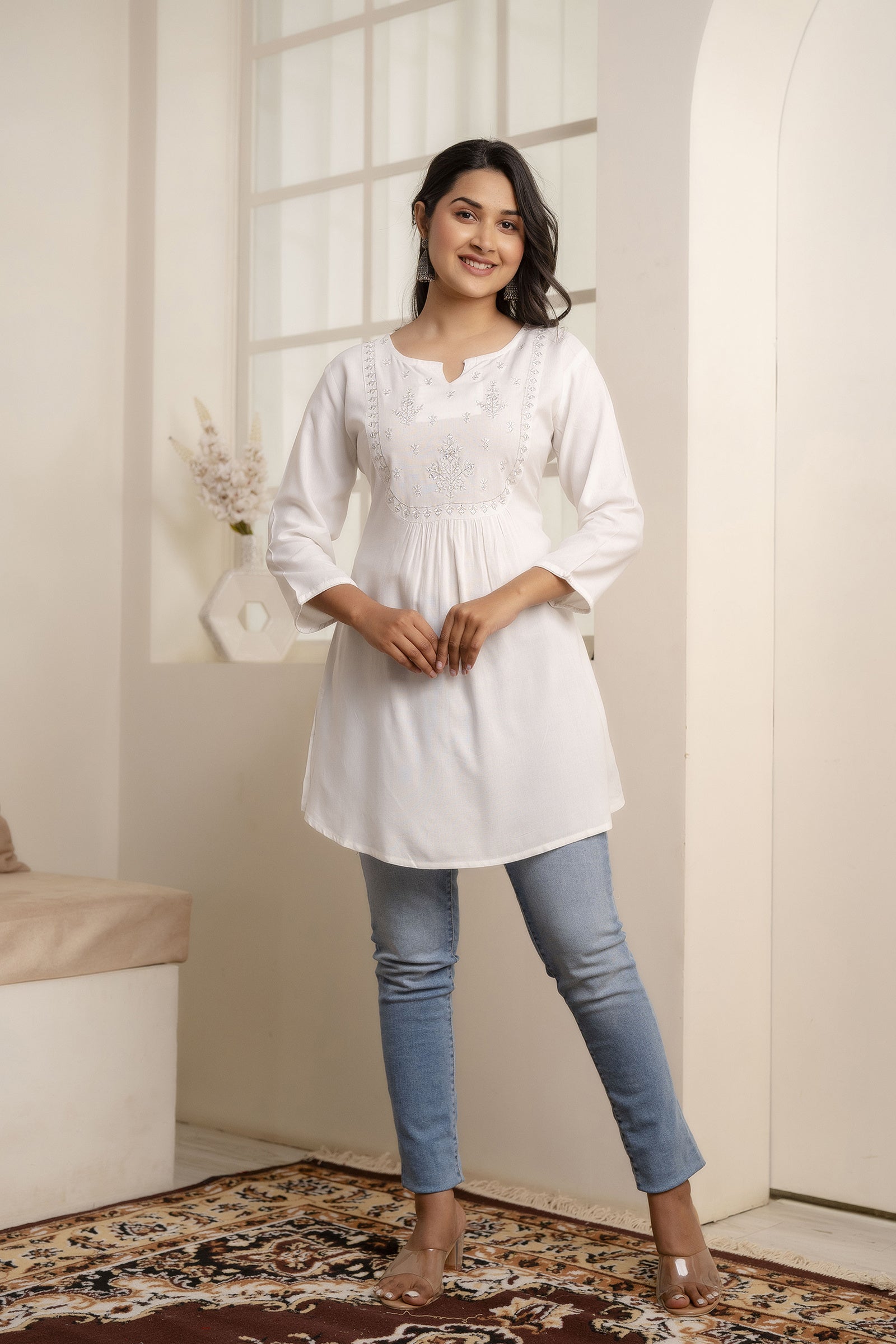 Women White Embroidered Yoke Straight Tunic With Three Quarter Sleeves | LASVINI - Redefining Indian Fashion with Elegance