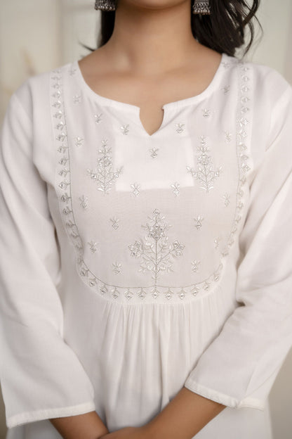 Women White Embroidered Yoke Straight Tunic With Three Quarter Sleeves | LASVINI - Redefining Indian Fashion with Elegance