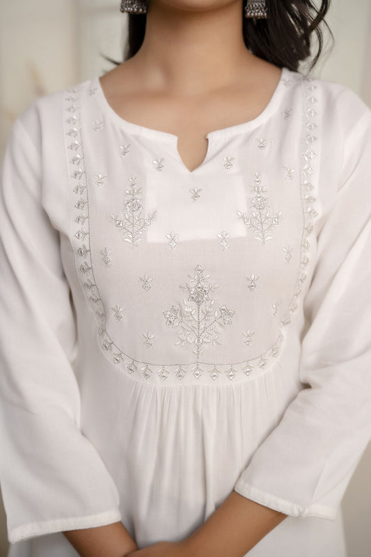 Women White Embroidered Yoke Straight Tunic With Three Quarter Sleeves | LASVINI - Redefining Indian Fashion with Elegance