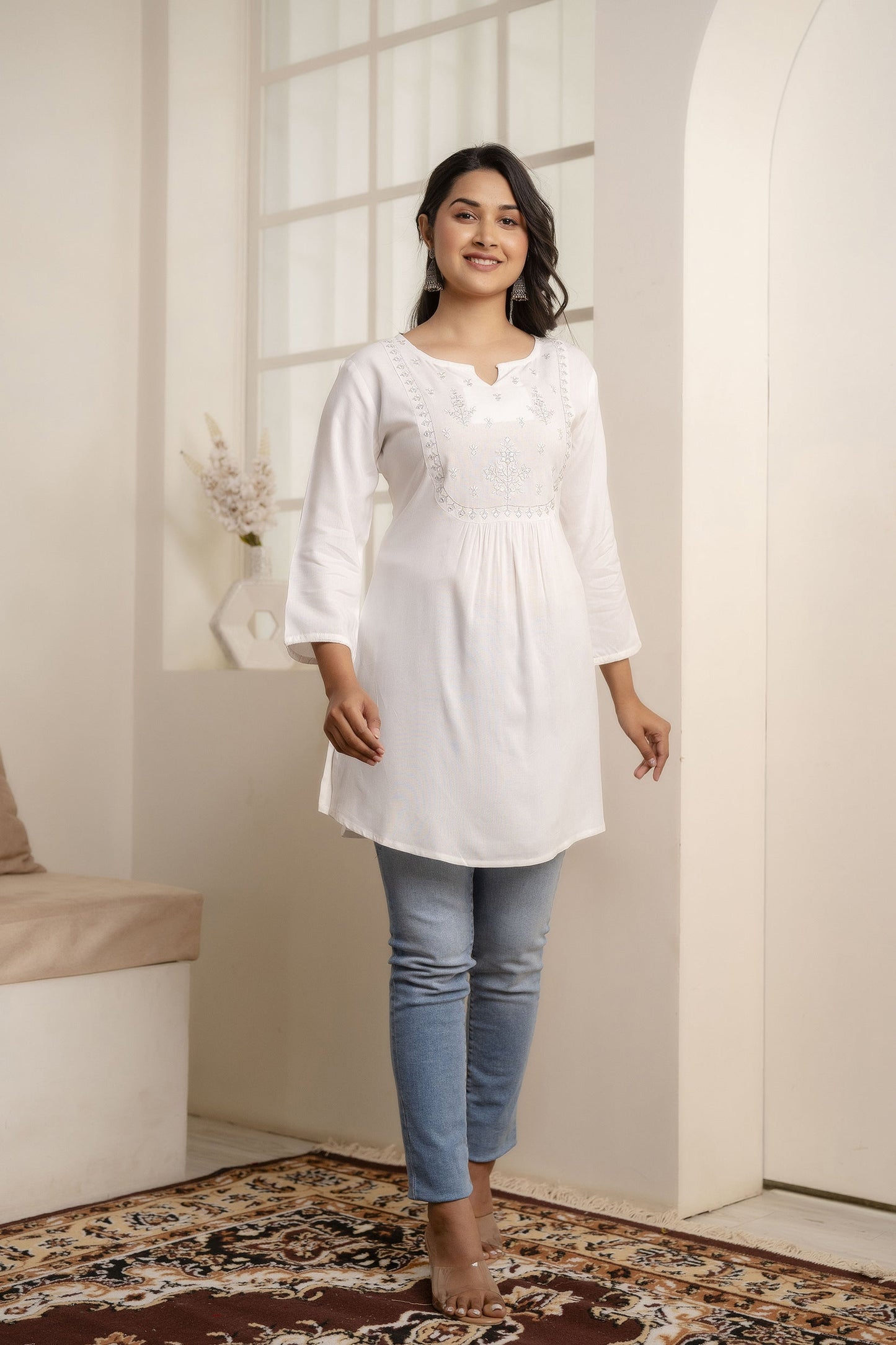 Women White Embroidered Yoke Straight Tunic With Three Quarter Sleeves | LASVINI - Redefining Indian Fashion with Elegance