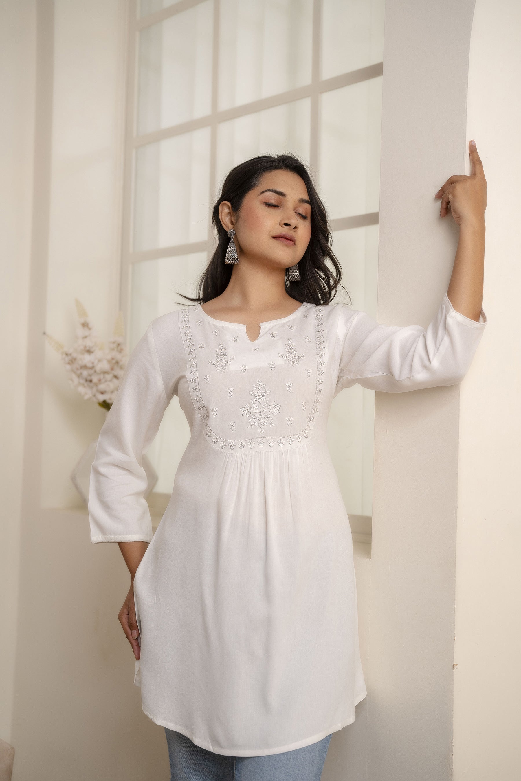 Women White Embroidered Yoke Straight Tunic With Three Quarter Sleeves | LASVINI - Redefining Indian Fashion with Elegance