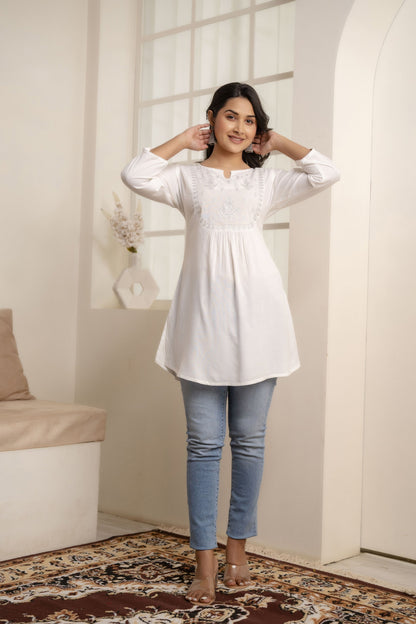 Women White Embroidered Yoke Straight Tunic With Three Quarter Sleeves | LASVINI - Redefining Indian Fashion with Elegance