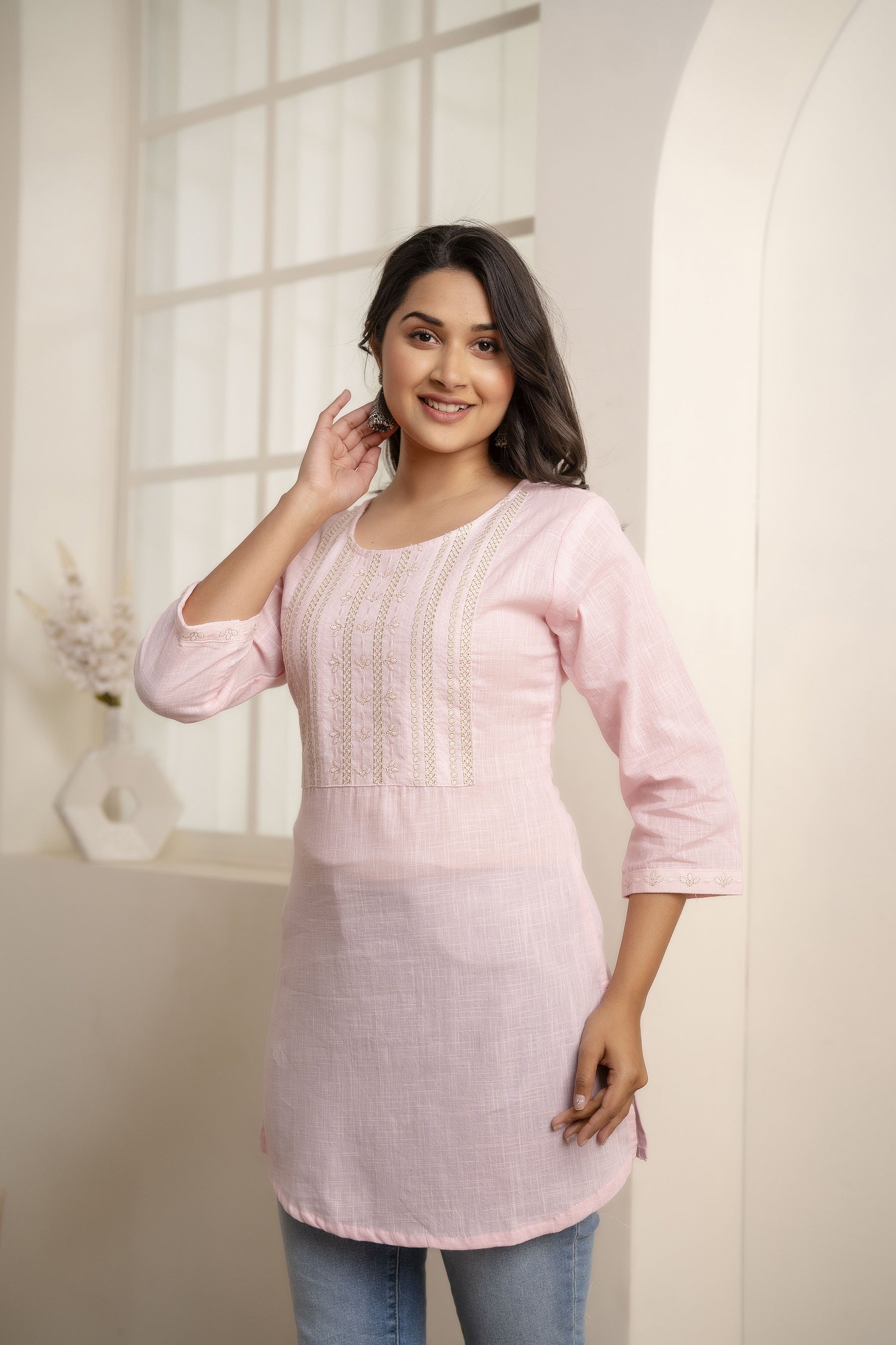 Women Pink Embroidered Yoke Straight Tunic With Three Quarter Sleeves | LASVINI - Redefining Indian Fashion with Elegance