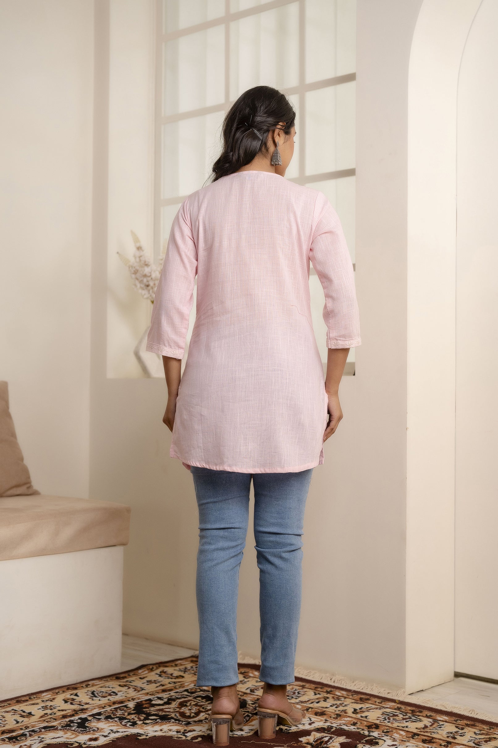 Women Pink Embroidered Yoke Straight Tunic With Three Quarter Sleeves | LASVINI - Redefining Indian Fashion with Elegance