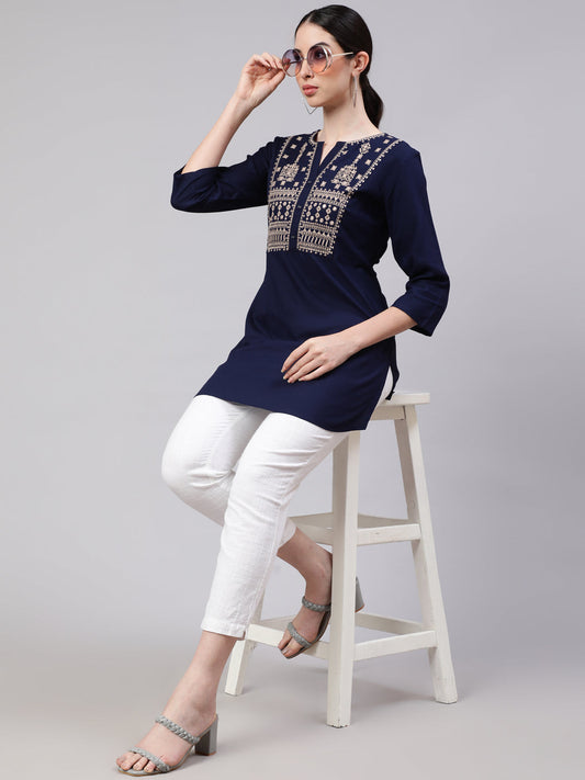 Women Navy Blue Embroidered Straight Tunic | LASVINI - Redefining Indian Fashion with Elegance