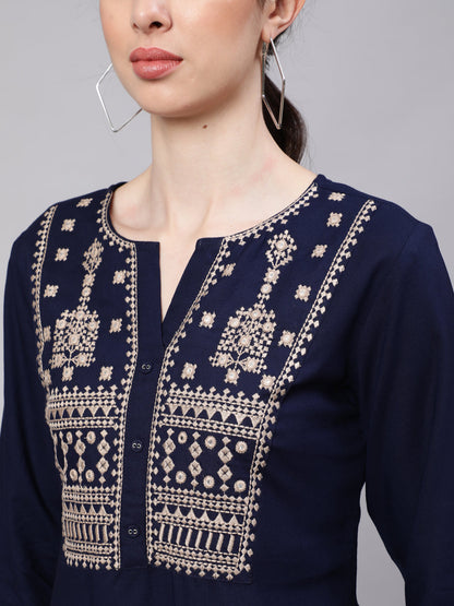 Women Navy Blue Embroidered Straight Tunic | LASVINI - Redefining Indian Fashion with Elegance