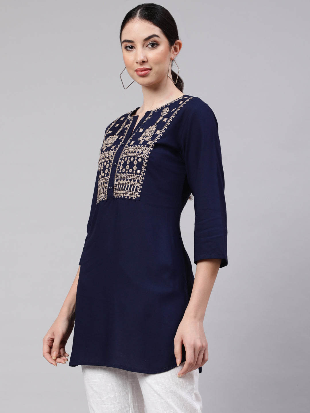Women Navy Blue Embroidered Straight Tunic | LASVINI - Redefining Indian Fashion with Elegance