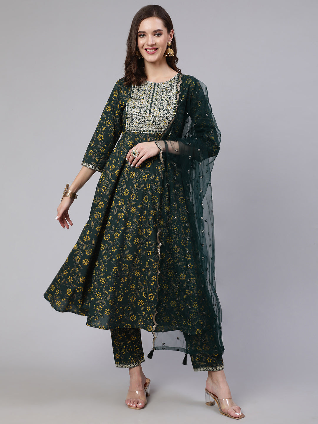 Women Green Embroidered Flared Kurta With Trouser And Dupatta | LASVINI - Redefining Indian Fashion with Elegance