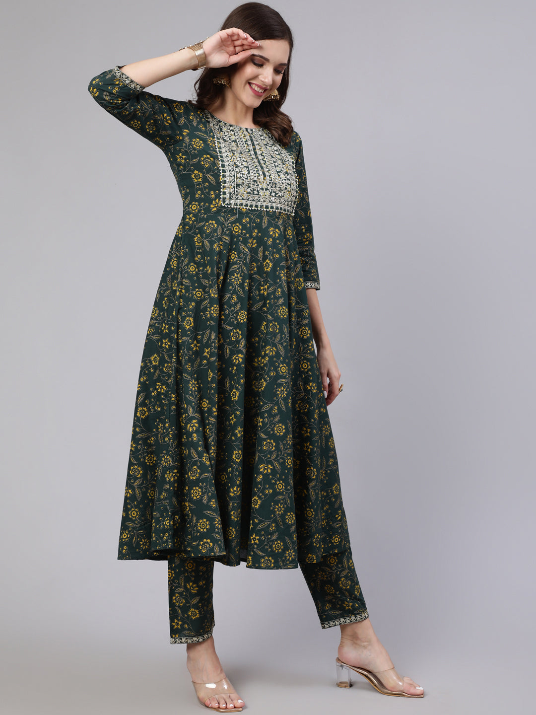 Women Green Embroidered Flared Kurta With Trouser And Dupatta | LASVINI - Redefining Indian Fashion with Elegance