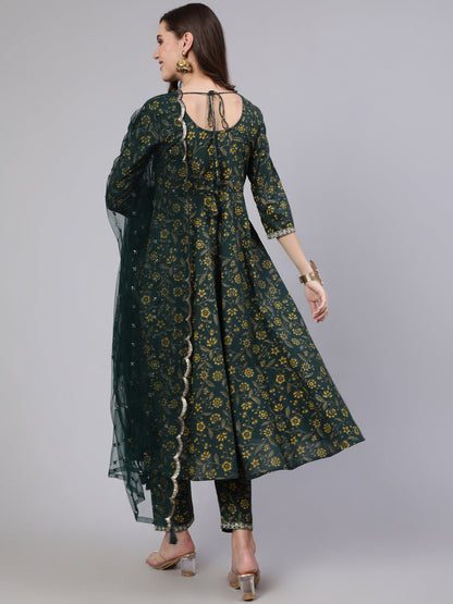 Women Green Embroidered Flared Kurta With Trouser And Dupatta | LASVINI - Redefining Indian Fashion with Elegance