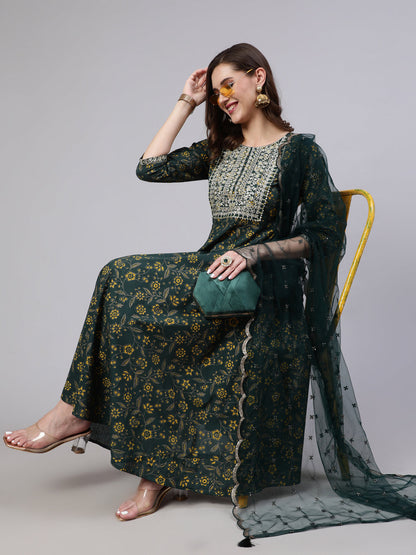 Women Green Embroidered Flared Kurta With Trouser And Dupatta | LASVINI - Redefining Indian Fashion with Elegance