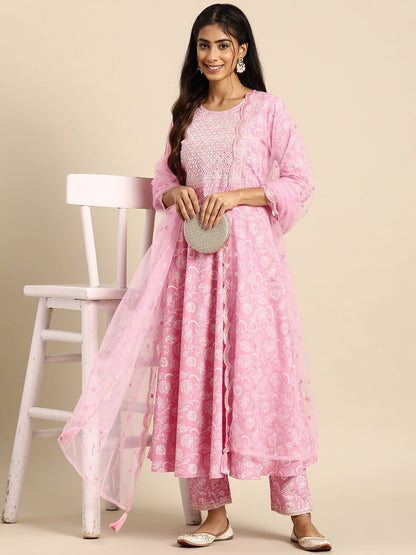 Women Pink Embroidered Anarkali Kurta With Trouser And Dupatta | LASVINI - Redefining Indian Fashion with Elegance