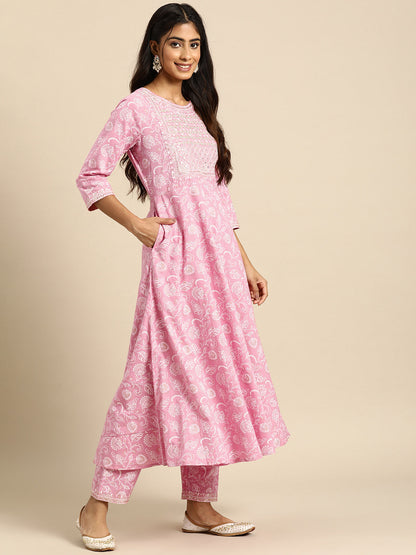 Women Pink Embroidered Anarkali Kurta With Trouser And Dupatta | LASVINI - Redefining Indian Fashion with Elegance
