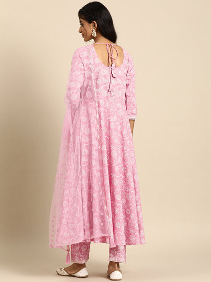Women Pink Embroidered Anarkali Kurta With Trouser And Dupatta | LASVINI - Redefining Indian Fashion with Elegance