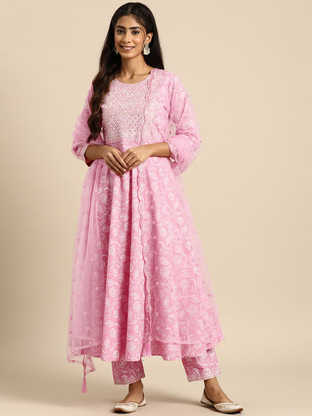 Women Pink Embroidered Anarkali Kurta With Trouser And Dupatta | LASVINI - Redefining Indian Fashion with Elegance