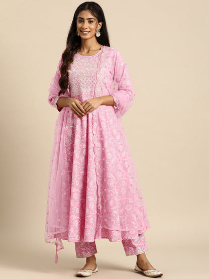 Women Pink Embroidered Anarkali Kurta With Trouser And Dupatta | LASVINI - Redefining Indian Fashion with Elegance