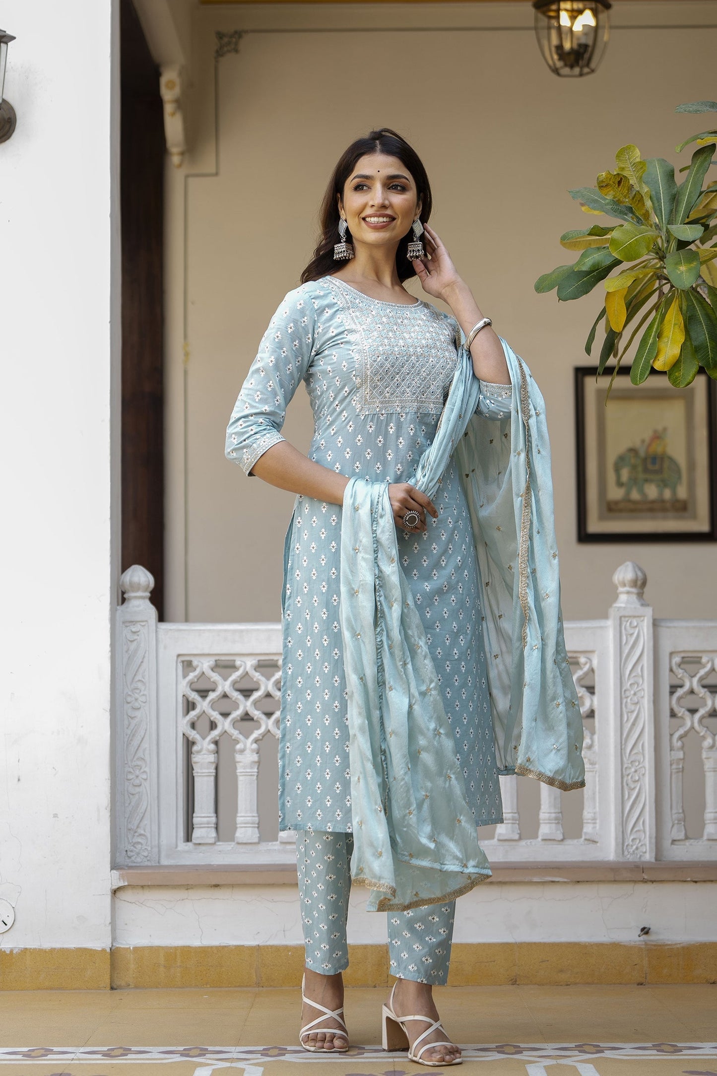 Women Blue Embroidered Straight Kurta With Trouser And Dupatta | LASVINI - Redefining Indian Fashion with Elegance
