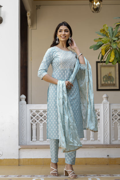 Women Blue Embroidered Straight Kurta With Trouser And Dupatta | LASVINI - Redefining Indian Fashion with Elegance