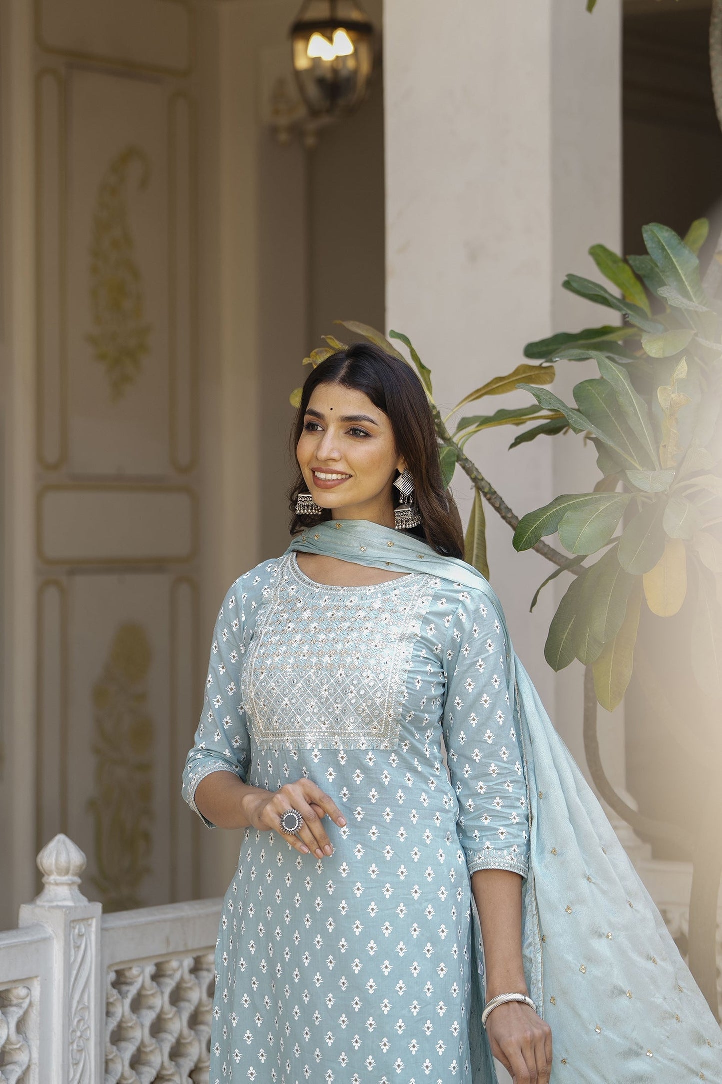 Women Blue Embroidered Straight Kurta With Trouser And Dupatta | LASVINI - Redefining Indian Fashion with Elegance