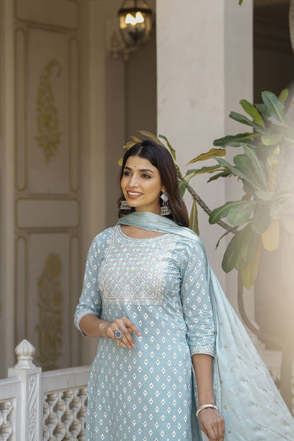 Women Blue Embroidered Straight Kurta With Trouser And Dupatta | LASVINI - Redefining Indian Fashion with Elegance