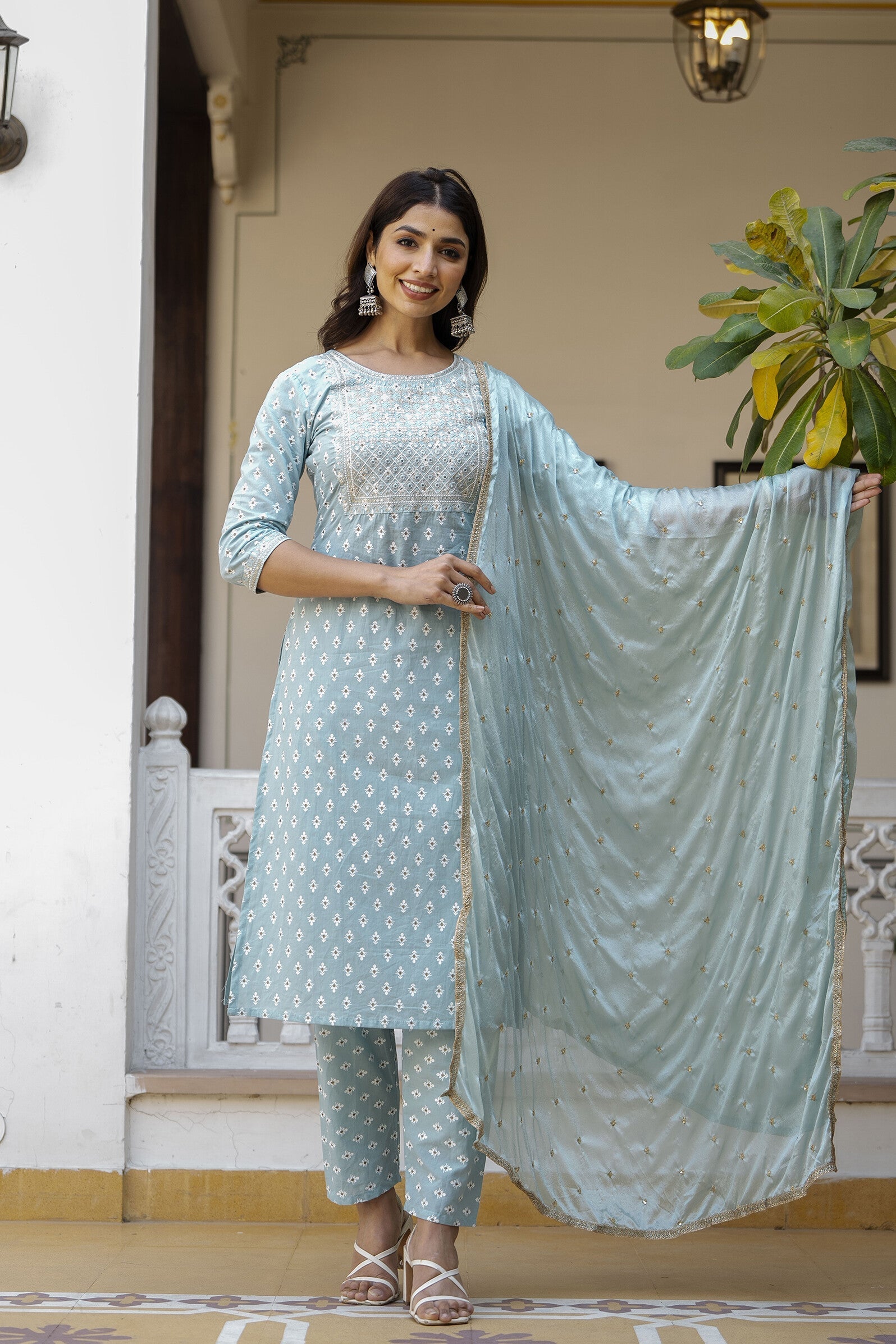 Women Blue Embroidered Straight Kurta With Trouser And Dupatta | LASVINI - Redefining Indian Fashion with Elegance