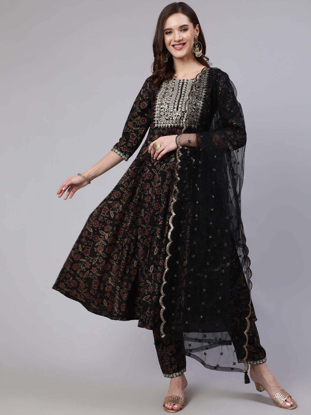Women Black Embroidered Flared Kurta With Trouser And Dupatta | LASVINI - Redefining Indian Fashion with Elegance