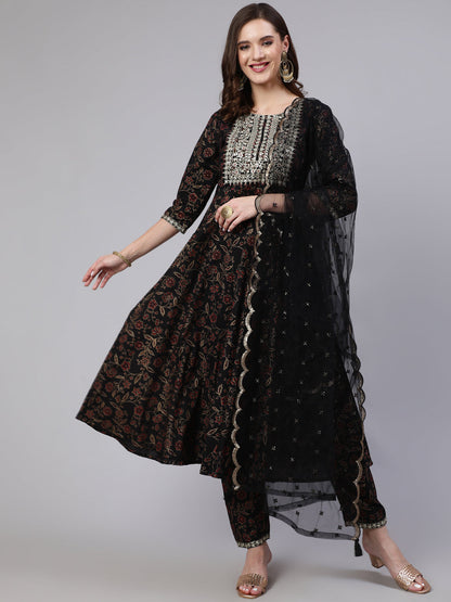 Women Black Embroidered Flared Kurta With Trouser And Dupatta | LASVINI - Redefining Indian Fashion with Elegance