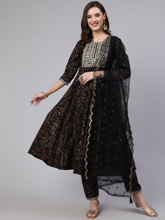 Women Black Embroidered Flared Kurta With Trouser And Dupatta | LASVINI - Redefining Indian Fashion with Elegance