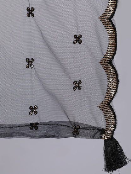 Women Black Embroidered Flared Kurta With Trouser And Dupatta | LASVINI - Redefining Indian Fashion with Elegance