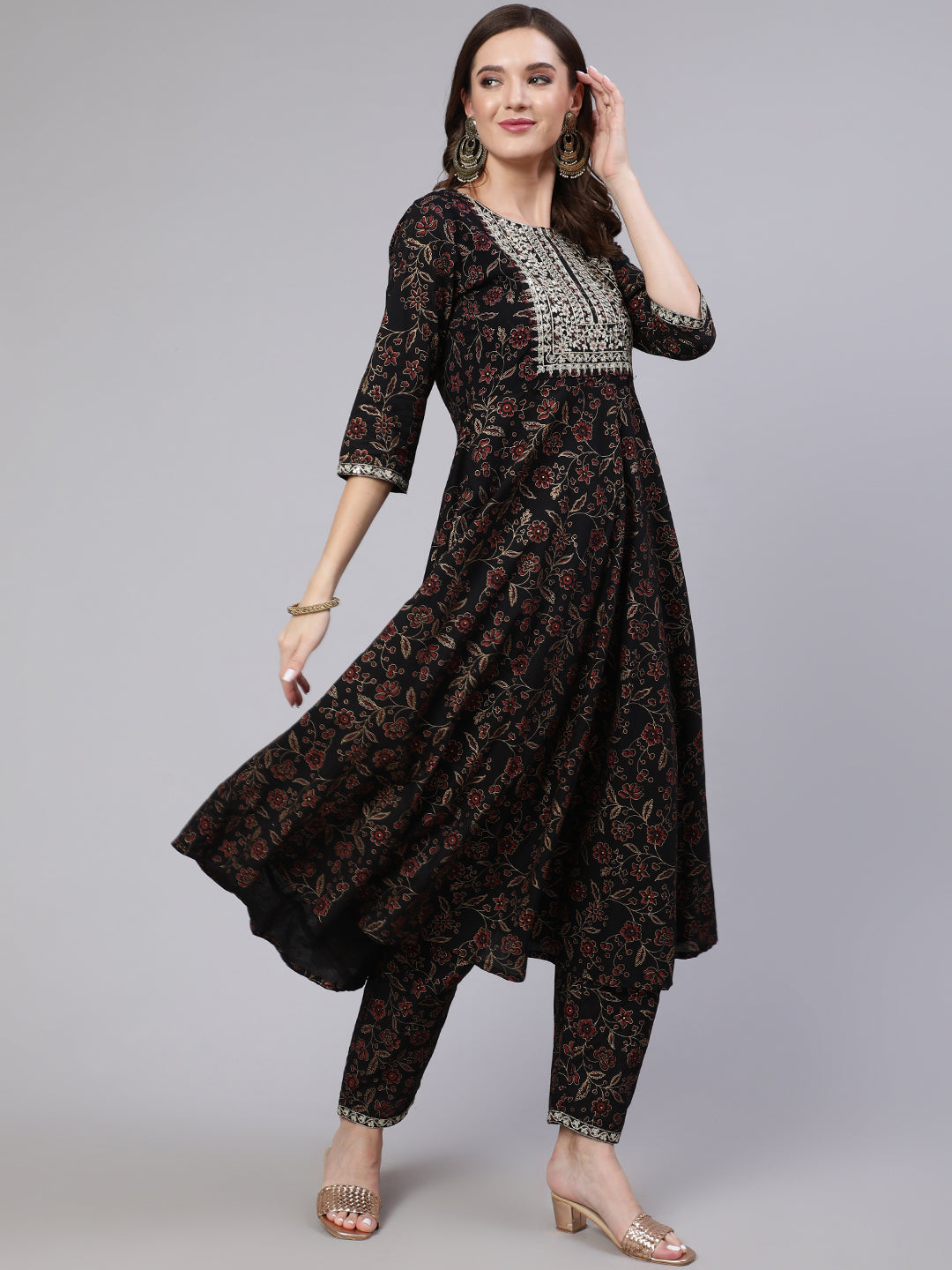 Women Black Embroidered Flared Kurta With Trouser And Dupatta | LASVINI - Redefining Indian Fashion with Elegance