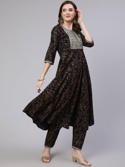 Women Black Embroidered Flared Kurta With Trouser And Dupatta | LASVINI - Redefining Indian Fashion with Elegance