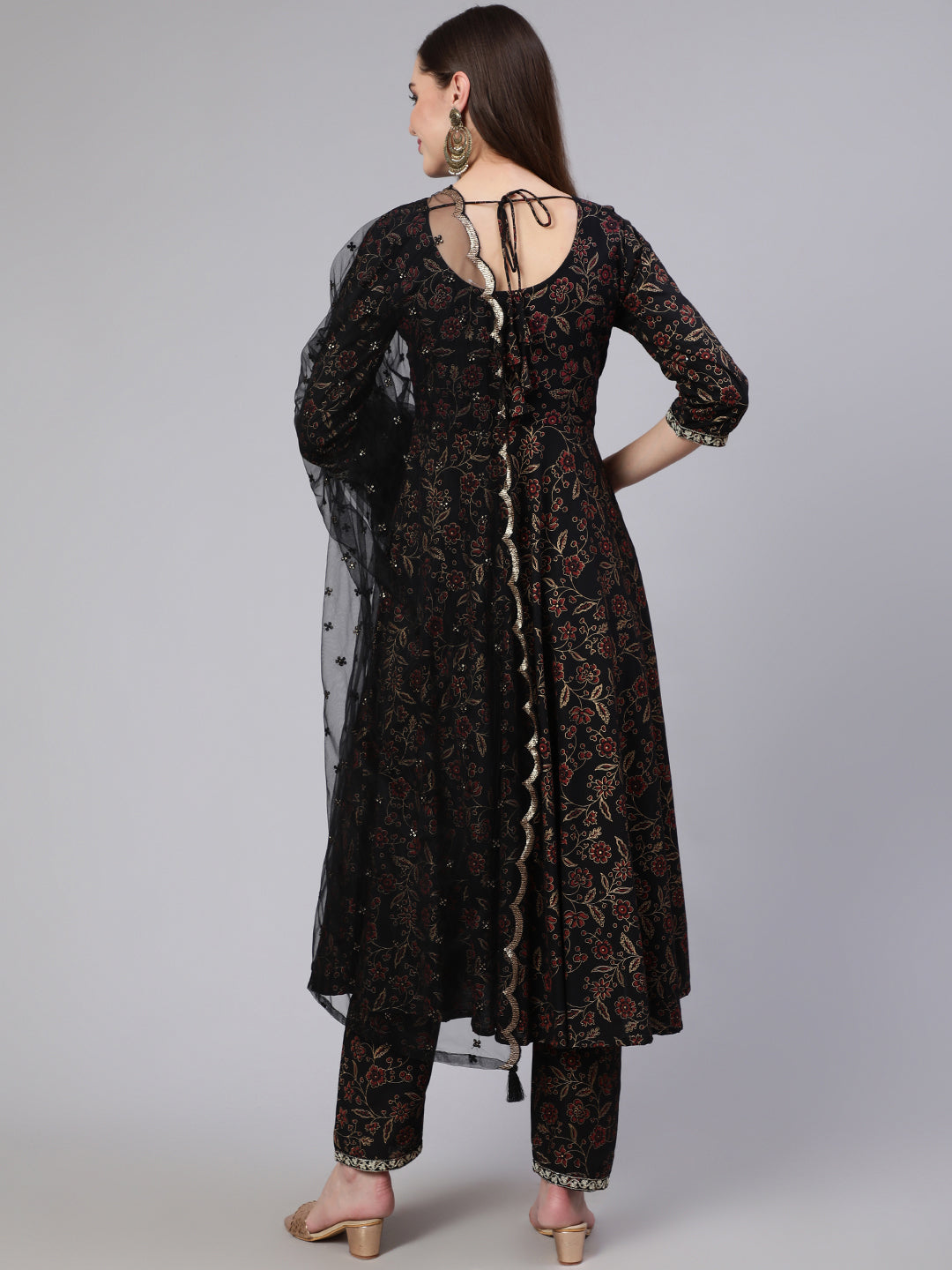 Women Black Embroidered Flared Kurta With Trouser And Dupatta | LASVINI - Redefining Indian Fashion with Elegance