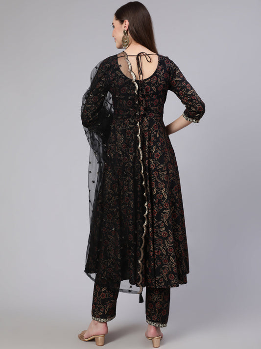 Women Black Embroidered Flared Kurta With Trouser And Dupatta | LASVINI - Redefining Indian Fashion with Elegance