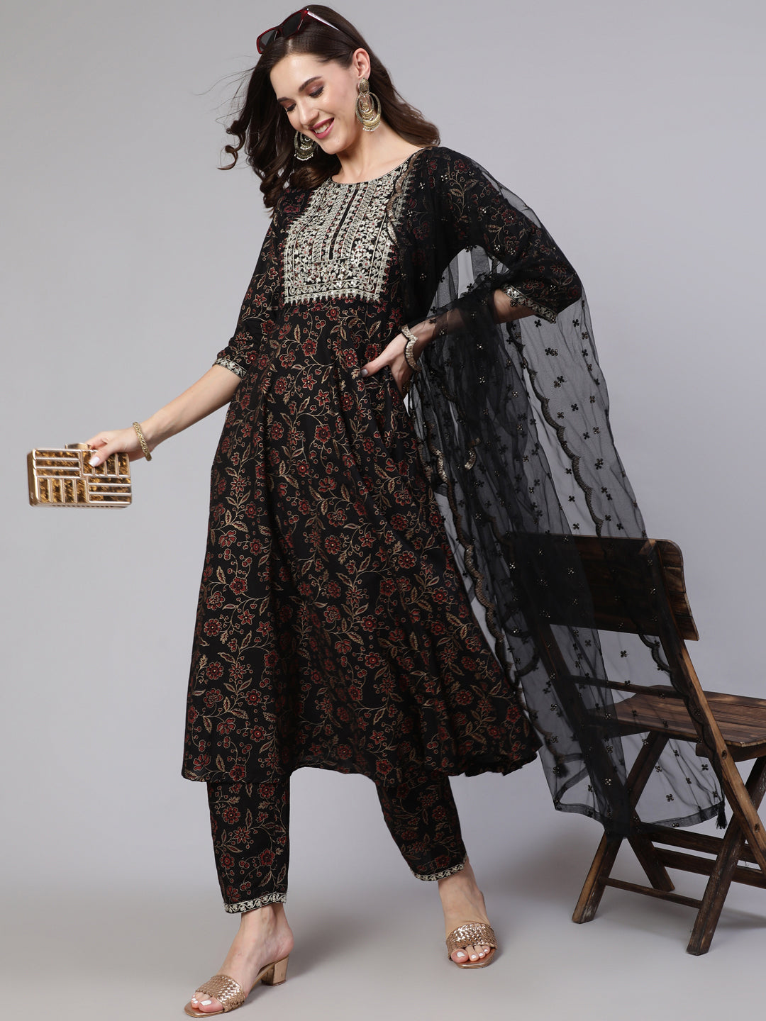Women Black Embroidered Flared Kurta With Trouser And Dupatta | LASVINI - Redefining Indian Fashion with Elegance