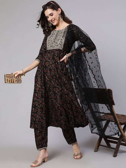 Women Black Embroidered Flared Kurta With Trouser And Dupatta | LASVINI - Redefining Indian Fashion with Elegance