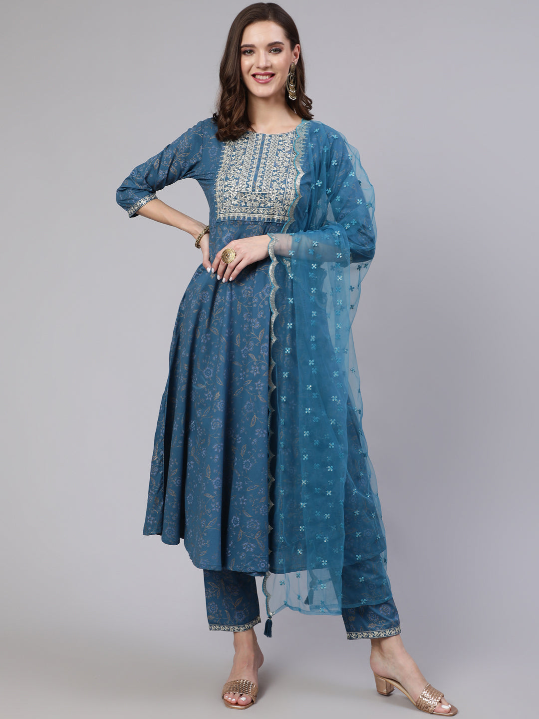 Women Blue Embroidered Flared Kurta With Trouser And Dupatta | LASVINI - Redefining Indian Fashion with Elegance